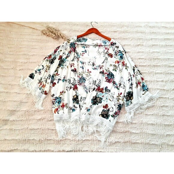 Jodifl Size L Vintage Floral Print Kimono Cream Lace Trim Fringe Boho Cover Up - Picture 7 of 8